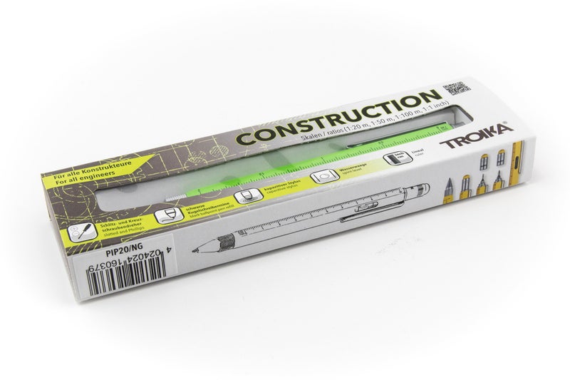 TROIKA CONSTRUCTION â€“ PIP20/NG â€“ Multitasking ballpoint pen â€“ centimetre and inch ruler â€“ 1:20 m and 1:50 m scale â€“ spirit level â€“ brass â€“ laquered â€“ neon green, silver â€“ TROIKA-original - Image 4